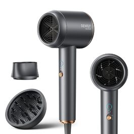 Іонний фен для волосся DEWILY з дифузором 1800 Вт, 3 температурних режими, компактний дорожній сунич для кучерявого волосся (сіро-чорний)