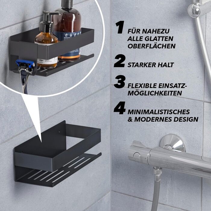 Набір душових поличок BENKSTEIN (2 шт.) | Регульована поличка для душу без свердління | Корзина для душу з кріпленням без свердління | Тримач для гелю для душу та шампуню | Організатор для ванної кімнати, поличка для душу (на клей, чорний)