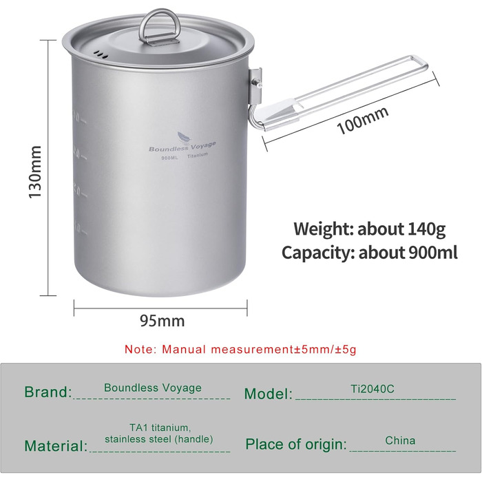 Титанковий казанок iBasingo 900мл з кришкою - казанок для кемпінгу, приготування їжі на відкритому повітрі, подорожей та пікніків