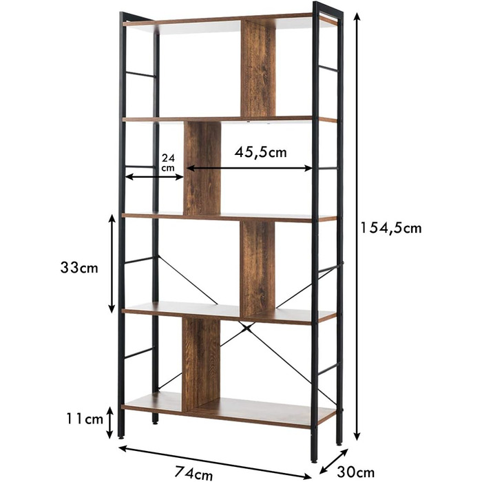 Книжкова шафа GIANTEX, висока полиця з 5 рівнями та 8 відсіками для зберігання в промисловому дизайні, полиця для зберігання з металевим каркасом для вітальні, спальні, офісу