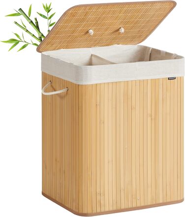 Кошик для білизни SONGMICS з кришкою, 2 відділення, 120 літрів, бамбук, складний, знімний мішок для прання, з ручками, для ванної кімнати, спальні, натуральний колір