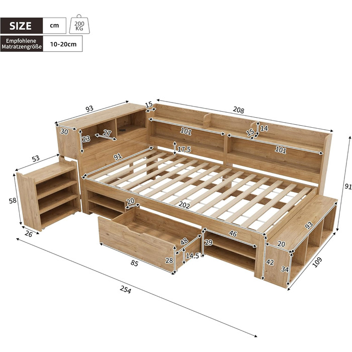 Ліжко дитяче 90x200, дерев'яне з шухлядами, полицями та захистом від падіння, з ламелями та місцем для зберігання, для підлітків, функціональне, без матраца, біле