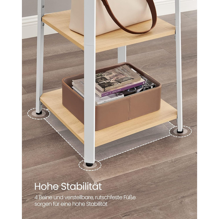 Стійка для одягу VASAGLE з 8 гачками, 4 полицями та вішалкою, металевий каркас, для шалей, курток, сумок, для прихожого, золотий дуб + білий, LCR080W09