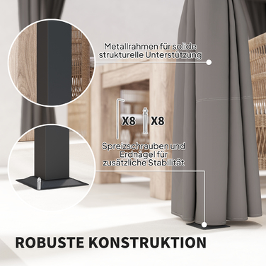 Пергола 3x3 м, вільна стоянка, навіс для тераси зі зсувним дахом, 4 бокові панелі, стійка до УФ-випромінювання, світло-сіра