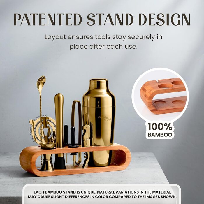 Набір для коктейлів та міксології Edles (10 предметів) - шейкер з нержавіючої сталі, баргарні аксесуари в дерев'яній підставці з бамбука - подарунковий набір, золотий/натуральний бамбук
