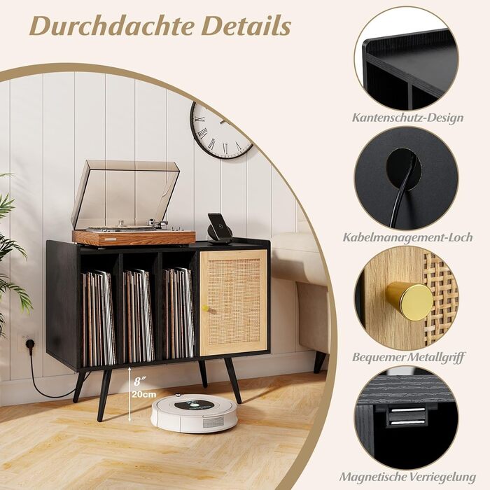 Підставка для програвача COSTWAY з зарядною станцією, стійка для вінілових програвачів, шафа для зберігання платівок, ротанговий дерев'яний шафчик, стіл для зберігання 220 платівок, 80 x 40 x 65 см (Чорний)