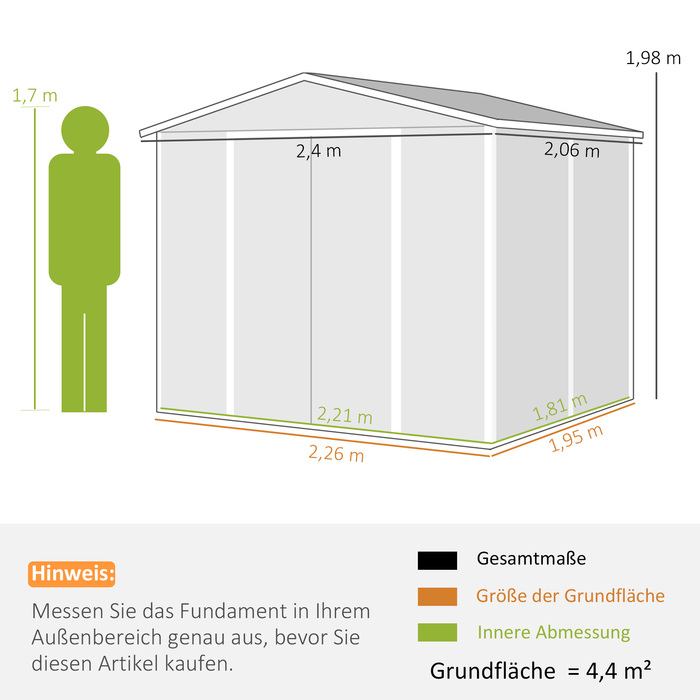 Металевий сарай для інструментів, стійкий до погодних умов та антикорозійний, із замком, розміром 2,40 x 2,06 x 1,98 м, світло-сірий