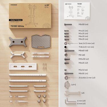 Тумба під телевізор ONKRON рулонна 32-65 дюймів, до 50 кг, регульована по висоті, VESA 600x400, біла TS1351-W