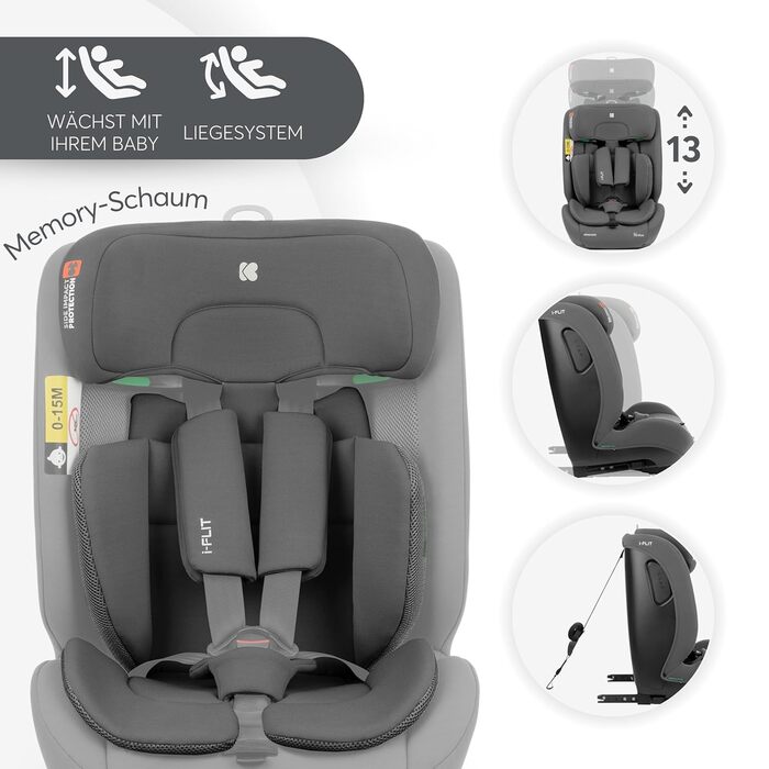 Автокрісло KikkaBoo i-Size i-FLIT 9-36 кг, ISOFIX, група 1/2/3, 15 міс. - 12 років, збоку SPS, Top Tether, регульована підголовник (Світло-сірий)