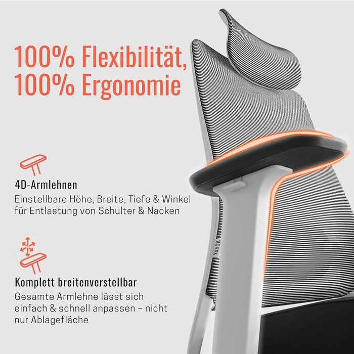 Офісне крісло Yaasa Ergonomiczne – ергономічне крісло для офісу з підтримкою попереку та регульованими підлокітниками – поворотне крісло з регулюванням опору спинки – для дому та офісу – 120 кг (Білий, Expert)
