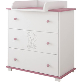 Комод з пеленальним столиком Kiki Design | 80x46 см | 3 висувні ящики | Для дитячої кімнати | Гравірований ведмедик | Рожевий