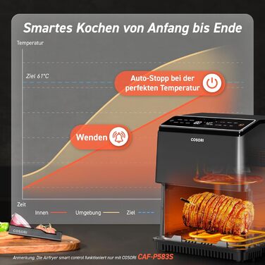 Термометр для м'яса COSORI Smart - бездротовий, Bluetooth, для фритюрниці, приготування на грилі та духовці, чорний