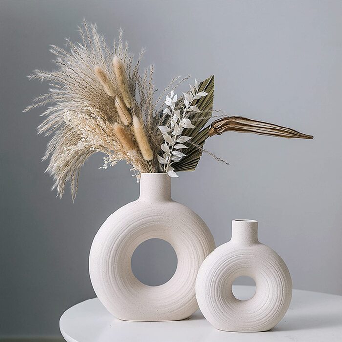 Керамічні вази Арават, декоративна ваза для квітів, настільна ваза мислителя для квітів пампасної трави, Сучасні вази для подарункового декору столу, Весільна ваза для тюльпанів, кухня, офіс, вітальня, креативна ваза для пончиків 19 см (L, біла керамічна 