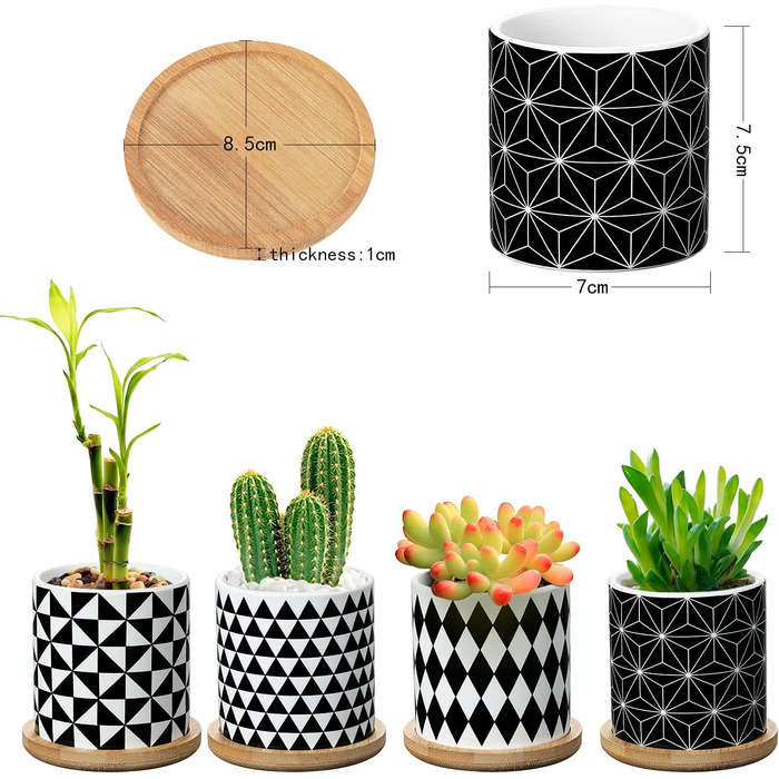 4 шт. горщики для сукулентів Coolty, кераміка, 7 см, міні-кактуси, геометричний дизайн, з підставкою та бамбуковим піддоном для декору