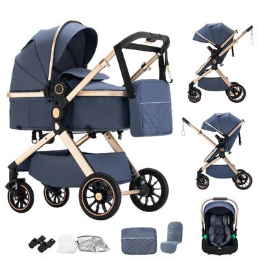 Дитячий візок 3 в 1 Kinderwagen Alltags: універсальний, складаний, з люлькою та прогулянковим блоком, алюмінієва рама (BLUE)