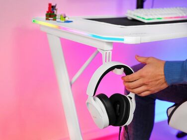 Ігровий стіл Trust Gaming GXT 709W Luminus RGB з підсвічуванням LED, 10 режимів, USB, білий, з тримачем для навушників та напоїв, 120 x 60 см