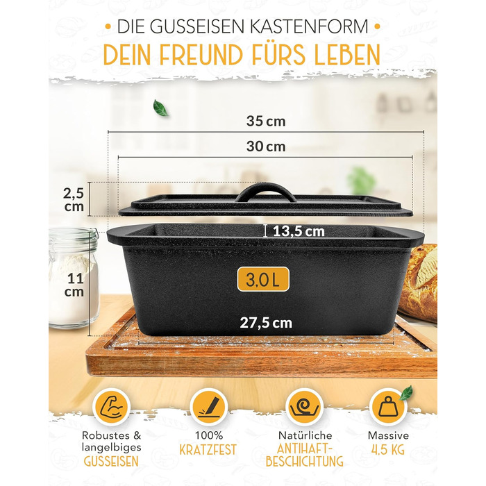 Форма для випікання хліба з чавуну з кришкою Krustenzauber - міцна прямокутна 28 см, ідеальна для хліба, тостів, випікання в чавунному горщику