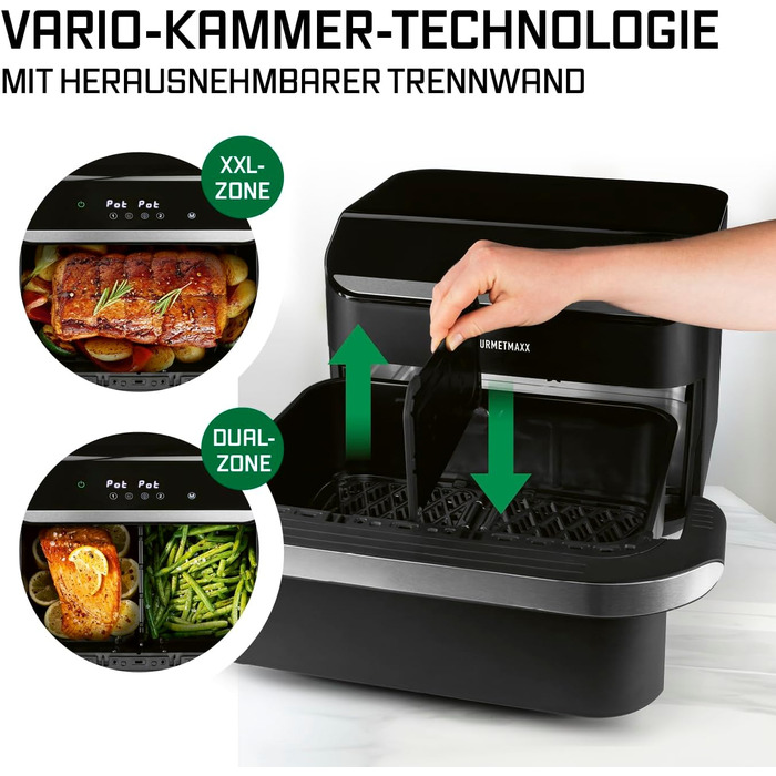 Фритюрниця повітряна Gourmetmaxx FryUp з двома камерами | 10 літрів | Чорний колір | Дисплей Touch | Економія місця