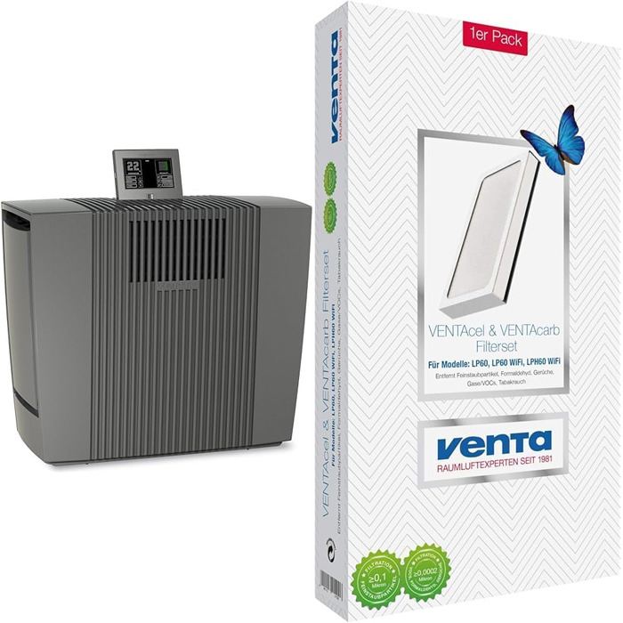 Очищувач повітря Venta 2065501 LP60 Ultra для алергіків із датчиком твердих частинок і дисплеєм частинок (до 75 кв.м), (антрацит, комплект із набором фільтрів, білий)
