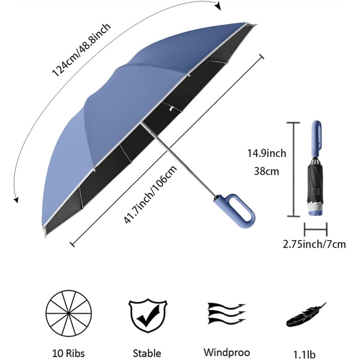 Парасолька для гольфу перевернута зворотна 10 ребер, автоматична, захист від ультрафіолету, світловідбивачі, синій, 106см