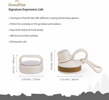 GRANDTIES Фляга для води 946 мл з широким горлом, вакуумна ізоляція, 2 кришки, для чоловіків та жінок, білий колір