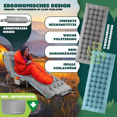 Розкладне кемпінгове ліжко KESSER з преміум-матрацом та подушкою, 190 x 68 x 30 см, витримує до 250 кг, з кишенею та підстаканником, сіре/блакитне