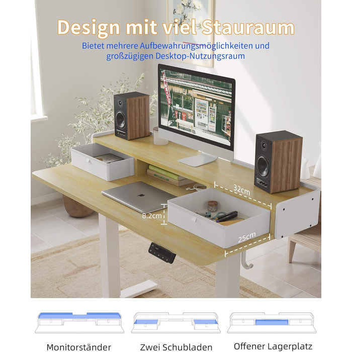 Електричний стіл YIHAYO з висувними ящиками та підставкою для монітора 120x60 см, регулювання висоти, пам'ять, Natural White, Natural поверхня