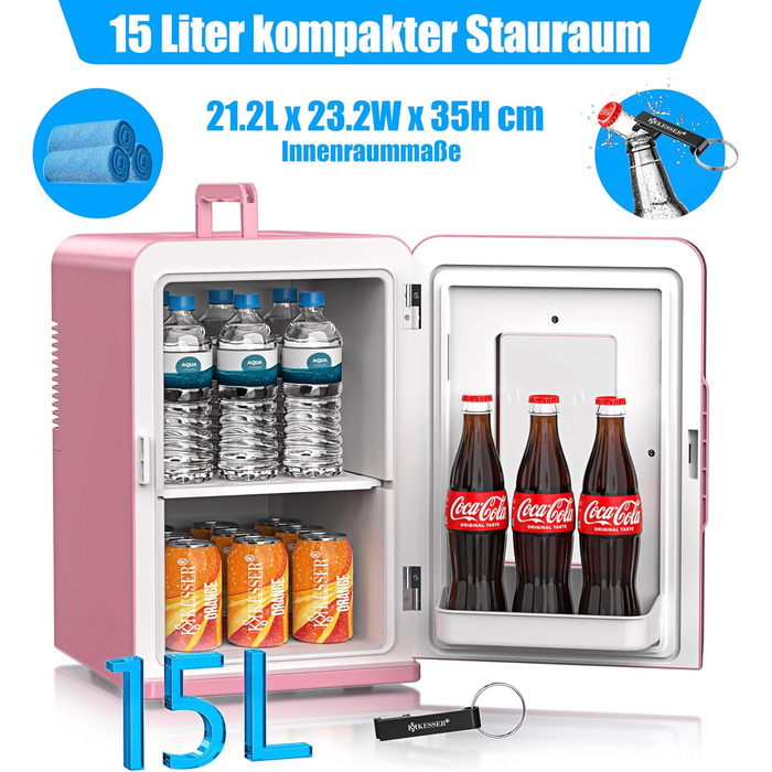 KESSER® Міні холодильник/термобокс 2в1, 15л, рожевий. Охолодження та підігрів, AC/DC, для авто, офісу, дому, кемпінгу.