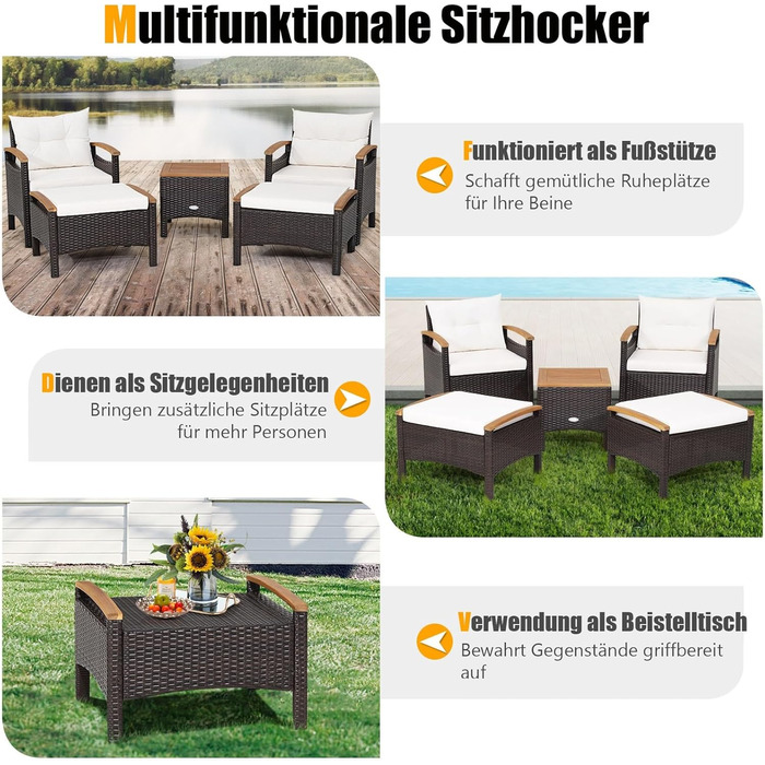 Набір садових меблів GIANTEX 5 предметів: 2 крісла, 2 пуфи та столик - ротанг, кремово-білий колір, для саду та балкону