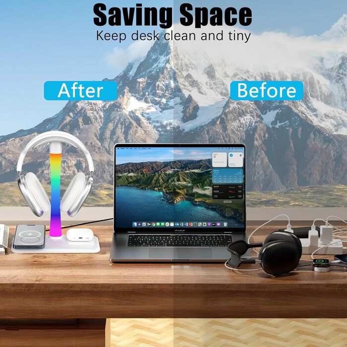 Підставка для навушників з бездротовим зарядним пристроєм, RGB-підсвічуванням, сумісна з AirPods Max, iPhone, Samsung. Подарунок для геймера