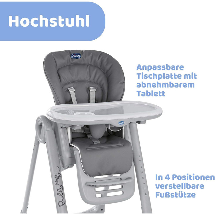 Високий стільчик Chicco Polly Magic Relax з іграшковим столом та зменшувачем для новонароджених, 8 положень по висоті, 4 колеса, Made in Italy, графітовий колір