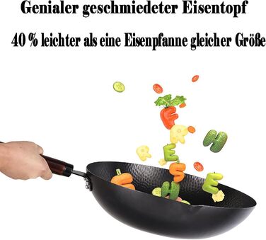 LIYGAOF Вок з кришкою 32 см з чавуну: Вок для всіх типів плит, кована чавунна сковорода, без хімічного покриття, легко миється
