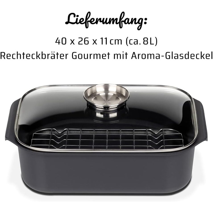 Прямокутна сковорода GSW Gourmet з кришкою з аромаскляного скла та вставкою для гриля, литий алюміній, чорний, ø приблизно 40 x 26 x В 11 см