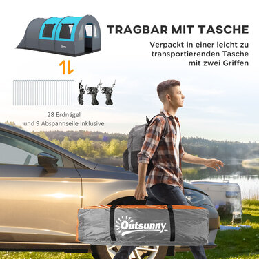 Намет Outsunny Tunnel 6-місний кемпінговий намет з 2 кімнатами та світловим гачком, груповий намет із сумкою для перенесення, водяний стовп 3000 мм, сімейний намет сірого кольору