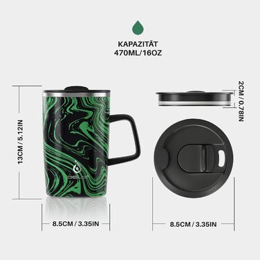 Кружка для кави та чаю Ideus® 470 мл (16 oz) з подвійними стінками, з нержавіючої сталі, з нековзним ручним тримачем та кришкою-відкидним модулем, великий об'єм (Червоний Зебра) (Зелений Зебра)