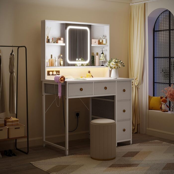 Дзеркальний туалетний столик ODK з регульованим LED-дзеркалом, USB-роз'ємами та RGB-підсвіткою, 5 висувними ящиками та 3 полицями, білий, 90×40×139 см