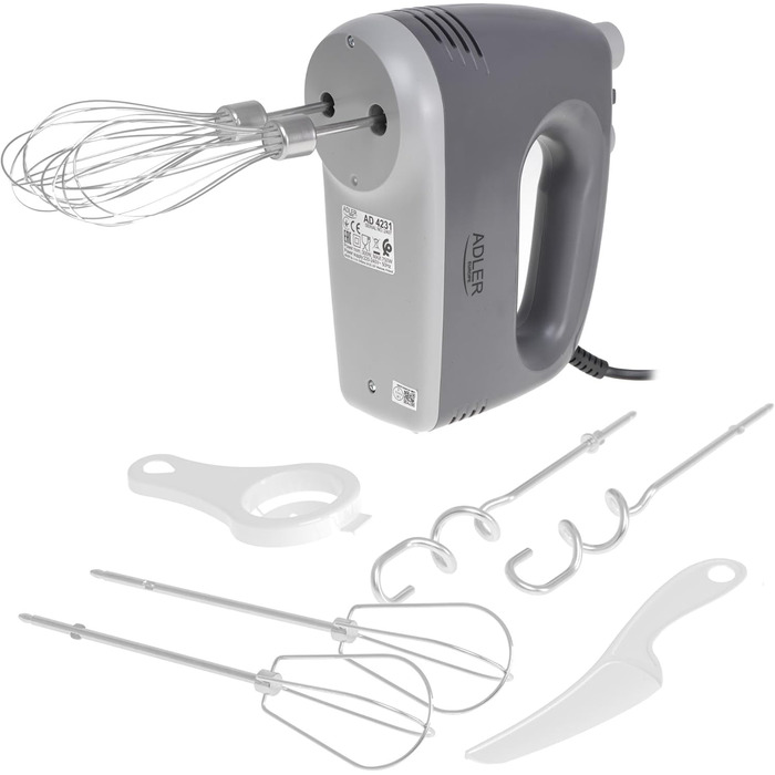 Міксер ручний ADLER 750W з насадками (вінчик, гак, лопатка, сепаратор) сірий