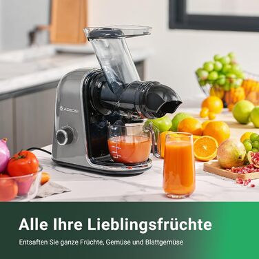 Електричний соковитискач AOBOSI Slow Juicer з 2 швидкостями, для овочів та фруктів, з 8-ступеневою спіраллю, щіткою для очищення та 2 чашами, функція реверсу, сірий