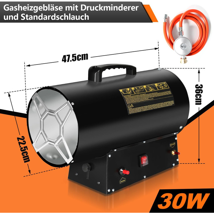 Газова теплова гармата для приміщень Ikodm, 30 кВт, 220V, 320 м³/год, з газовим шлангом 1,2м та редуктором тиску 700 мбар