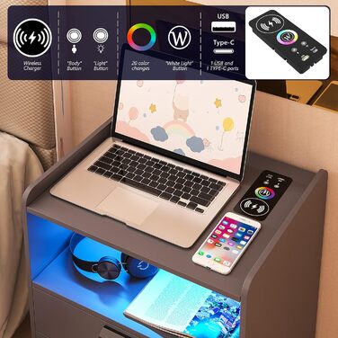 LED тумбочки з підсвіткою, комплект 2 шт, з USB Type-C, сенсор, 24-режимне димерування, високий глянець, 2 шухляди, сіра, для спальні