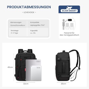 LOVEVOOK Рюкзак для ручної поклажі, дорожній рюкзак чоловічий/жіночий, 40л з відділенням для ноутбука, чорний, 45 x 32 x 20 см