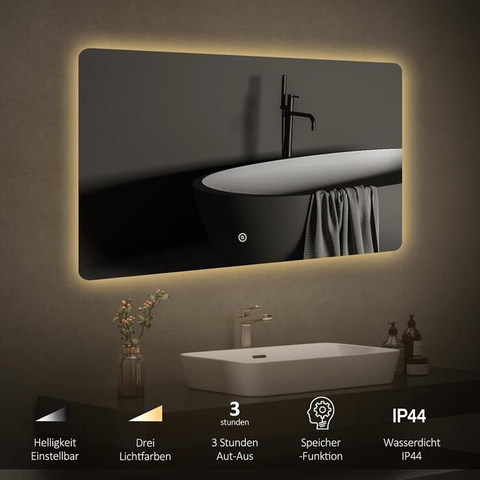 LED дзеркало для ванної кімнати EMKE 100x60 см з підсвічуванням та сенсорним вимикачем, 3 кольори світла, регулювання яскравості, таймер автоматичного вимкнення