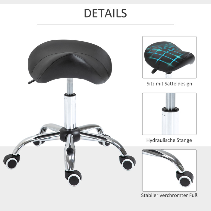 HOMCOM Saddle Stool Робочий стілець Поворотний стілець з регулюванням висоти з оббивкою чорного кольору, ідеально підходить для косметики та офісу