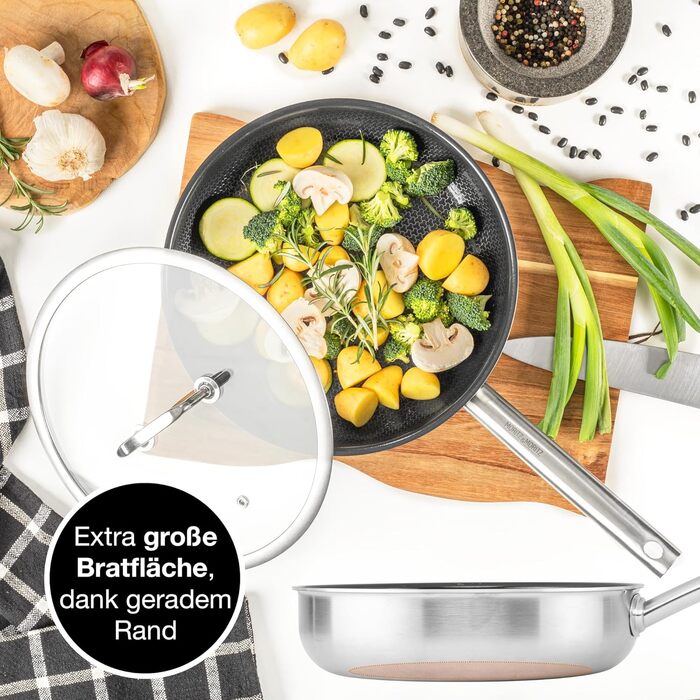 Сковорода з нержавіючої сталі Moritz & Moritz з кришкою 28 см з керамічним покриттям нового покоління - підходить для всіх типів плит - антипригарна сковорода з вафельною структурою для приготування, смаження та тушкування. Діаметр 28 см