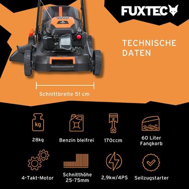 Бензиновий газонокосарка FUXTEC FX-RM5196 4в1 з Edge-Cut, самохідний, 51 см, 170 ccm, 60л травоспікач