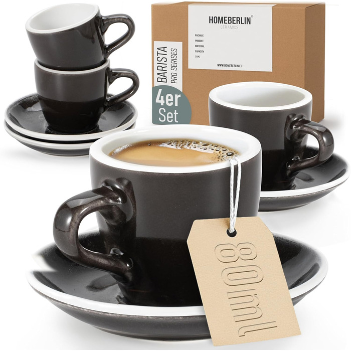 Набір еспресо-чашок HOMEBERLIN® Barista Pro - 4 шт. по 80 мл з підставками - преміум якість, ручна робота, темний глазур