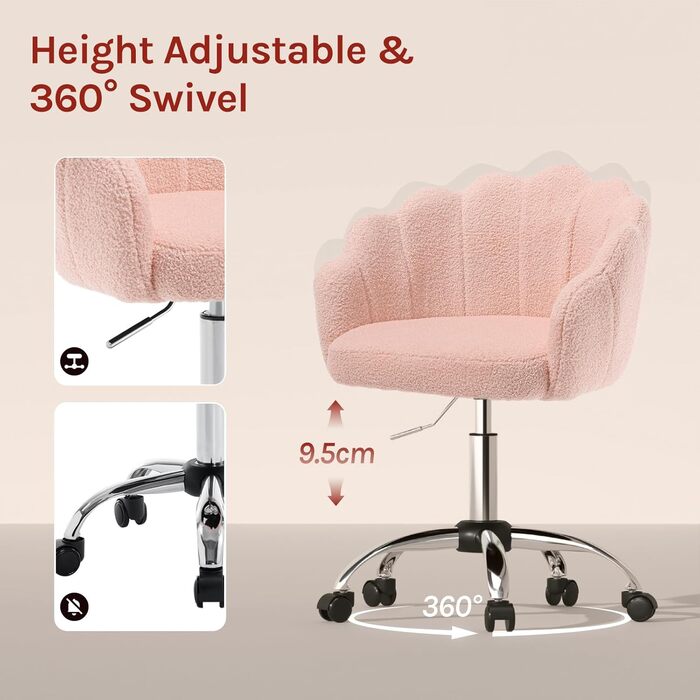 Крісло WOLTU для офісу та дому з м'якою спинкою у вигляді пелюстки, обертове, з регулюванням висоти, рожеве, з тканини кашемір