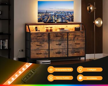 Комод ODK з висувними ящиками, 9 тканинних ящиків, 2 розетки, 2 USB-порти, LED-підсвітка, для спальні/вітальні, вінтажний стиль