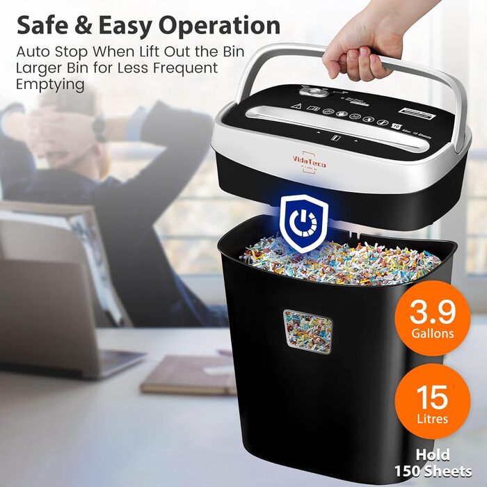 Шредер VidaTeco OS-060-10C: партіковий, P-4, для паперу та кредитних карток, 15л, чорний