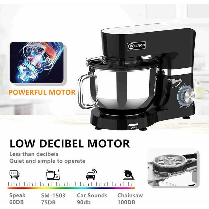 Кухонна машина 1500W з чашею 6.2L з нержавіючої сталі, 6 швидкостей, міксер для тіста, з набором насадок (вічорник, гак для тіста, вінчик), кришка-розбризкувач та скребок для тіста, чорна